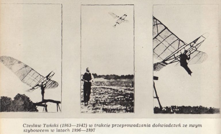 Czesław Tański podczas prób lotni własnej konstrukcji w latach 1896-1897